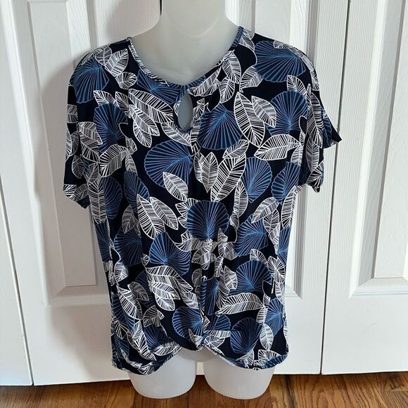 Amana Textured Navy Blue Palm Leaf Knot Shirt Top Blouse Small S NWT - Picture 1 of 6